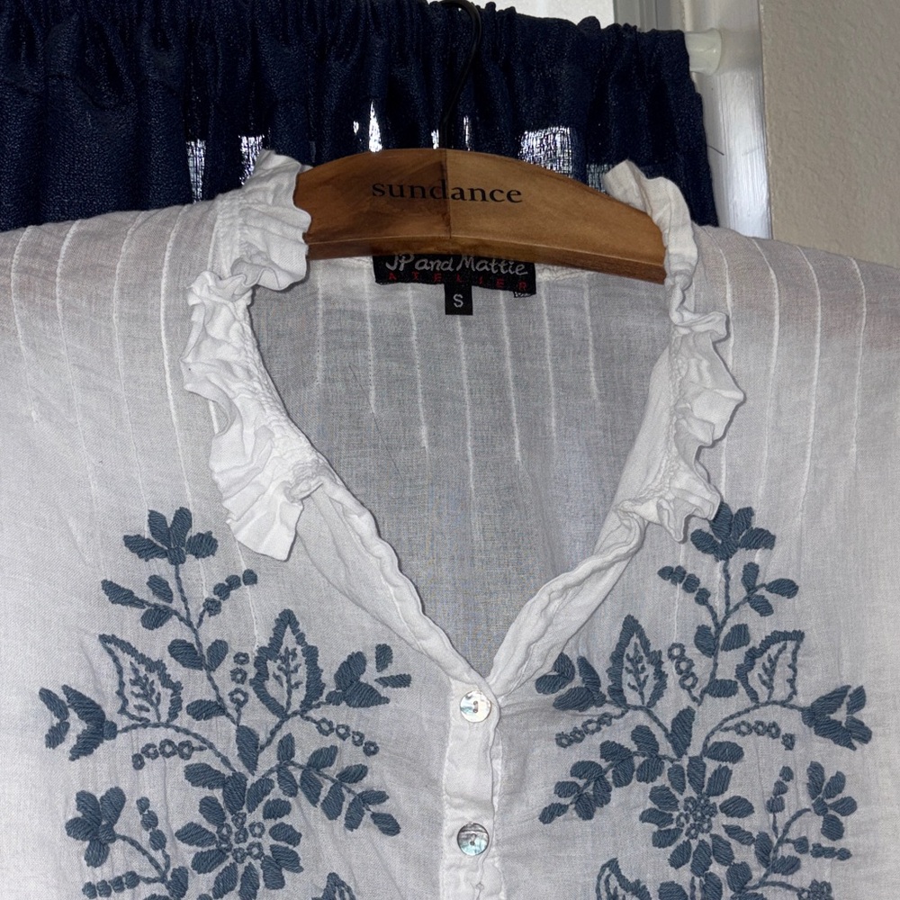 JP and Mattie White Blouse with Blue Floral Embroidery from Sundance